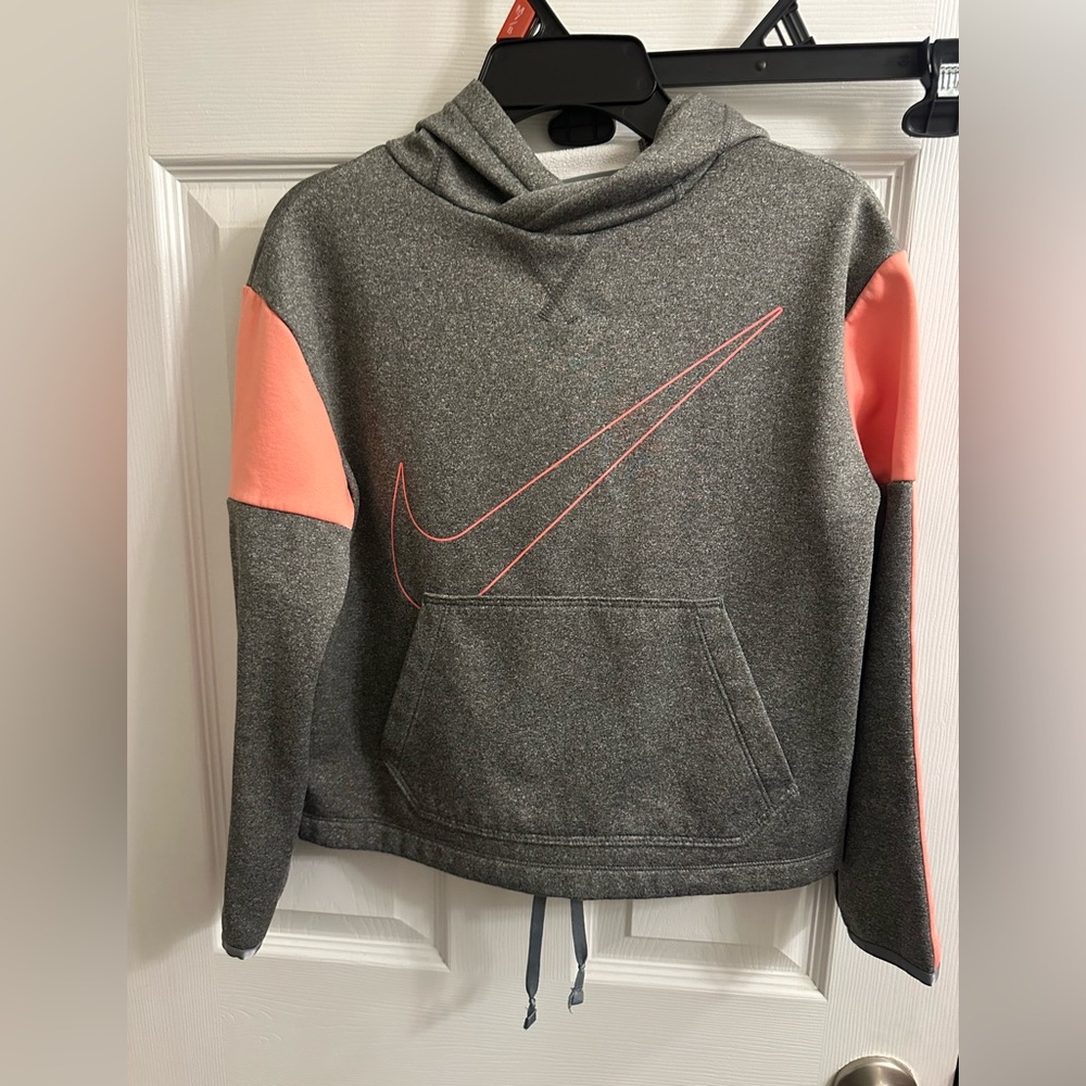Nike Girls Youth Long Sleeve Gray Pink Hooded Sweatshirt Size M Dri-fit